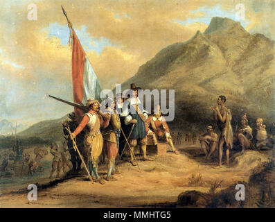 . Afrikaans: Jan van Riebeeck terreni in Tafelbaai in aprile 1652. Inglese: Jan van Riebeeck arriva nella baia della tavola in aprile 1652. Русский: Прибытие Яна ван Рибека в Столовую бухту в апреле 1652 года. . Nessun dato. Certamente durante la vita dell'autore.. Charles Davidson Bell (1813-1882) nomi alternativi Charles Bell Descrizione artista sudafricano e pittore Data di nascita e morte 22 Ottobre 1813 7 aprile 1882 Luogo di nascita e morte Fifeshire, Scozia Edimburgo, Scozia sede di lavoro Sud Africa competente controllo : Q5076755 VIAF:?ISNI 52741979:?0000 0000 4684 1551 LCCN:?N99011574 Foto Stock