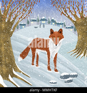 Una illustrazione di un solitario fox vagare attraverso i boschi della campagna, durante la stagione invernale. Foto Stock