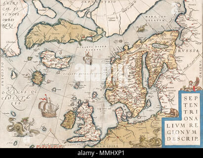 . Inglese: UNA MAPPA DELLA SCANDINAVIA. Septentrionalen Regionum Descrizione Abraham Ortelius. Antwerpen, tardo XVI secolo. Colorati. 36x49,5 cm. . 5 novembre 2010, 18:44:03. 6 sconosciuto del XVI secolo mappa della Scandinavia Foto Stock