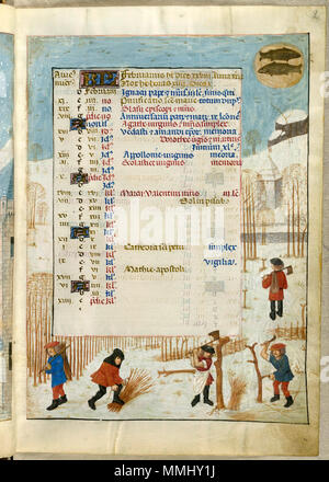 . Inglese: questa pagina, dal calendario per il mese di febbraio, mostra il segno zodiacale di pesci (come due pesci, rivolte in direzioni opposte) nella parte superiore destra del folio. Qui di seguito è una scena invernale simile a gennaio, con un gruppo di uomini occupati la trinciatura e la raccolta di legname. . Il 18 novembre 2010. artisti sconosciuti, 1480s altri 26 18851, f. 2 Nella pagina del calendario per il mese di febbraio Foto Stock