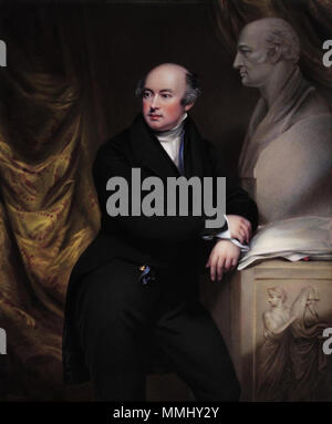 . Inglese: Sir Francis Chantrey Leggatt, R.A. (1782-1841), in nero tight, corpetto blu con oro fob-guarnizione,in piedi accanto al busto di William Hyde Wollaston, F.R.S. (1766-1828) su un plinto firmato e datato e inscritto sul contatore-smalto "Francis Chantrey scultore. R.A. Londra 1831 dipinto in smalto da Henry osso R.A. Pittore di smalto a Sua Maestà &c &c dopo il *Originale da J. Jackson R.A.' smalti su rame 242 x 188 mm. . 1831. Henry osso dopo John Jackson Francis Chantrey Leggatt (1782-1841' da Henri osso dopo John Jackson Foto Stock