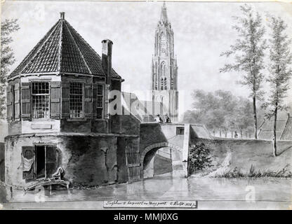 . Nederlands: Aan de achterkant maakte hij een deur Boven het acqua met een vlondertje waarop je heel goed op een stoel kon zitten, zoals de tekening van Balthasar Jooss uit 1828. laat zien . 1828. Balthasar Jooss Deur incontrato vlonder Boven het acqua Foto Stock