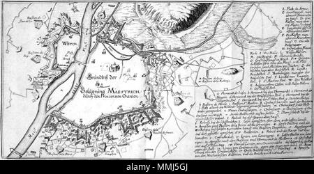 . Inglese: mappa dell'Assedio di Maastricht dal principe di Orange (William III) nel 1676. A Maastricht in Olanda era in quel momento occupata dai Francesi. . 19 novembre 2011, 02:20:00. Incisore sconosciuto. Pubblicato circa 1680 in: Matthäus Merian, Prosp. Der Belagrung Maestricht und Wyck durch den Princen von Oranien. 79 Beleg van Maastricht (1676)-2 Foto Stock