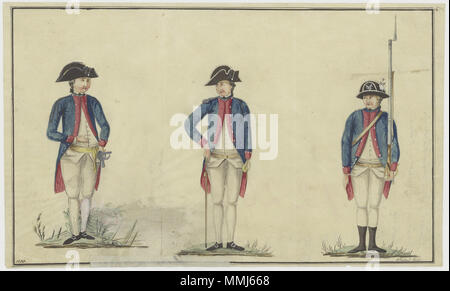 . Nederlands: Titel catalogus Leupe (NA): Afteekening van de uniforme voor de Militairen in Indië. Rechtsboven genummerd: 475 Notities tergo: Behoort tot de overgekomen Brieven en papieren van Batavia 1784, 2 deel inglese: titolo nel catalogo Leupe (NA): Afteekening van de uniforme voor de Militairen in Indië. Numerate in alto a destra: 475 Note su retromarcia: Behoort tot de overgekomen Brieven en papieren van Batavia 1784, 2 deel Nederlands: Uniformen voor VOC soldaten inglese: uniforme per i soldati di VOC . 1783. Creatore:H. Rolland Nederlands: H. Rolland (tekenaar) Inglese: H. Rolland (relatore) AM Foto Stock