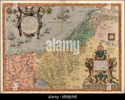 . Inglese: un bel esempio di Ortelius' mappa della Terra Santa, dal 1572 edizione tedesca del suo Theatrum Orbis Terrarum, il primo atlante moderno. La mappa mostra tutte le Terre Sante con l'Egitto. In alto a sinistra è presente una casella di testo che descrivono la regione. In basso a destra è un bel titolo cartiglio con chilometraggio scala al di sotto di esso. Cinque le navi a vela e un mostro marino nell'oceano. Riferimenti: Van Den Broecke 170 Latina: Palestinae Sive Totius Terrae Promissionis Nova Descriptio auctore" Tilemanno Stella Sigenens. 1572. Abraham Ortelius. Palestinae Sive Totius Terrae Promissionis Nova Descriptio Auctor Foto Stock