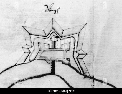 . Inglese: disegno del Burger Schanze ("applique di Burg") presso il ponte del fiume Lesum vicino a Burg in Bremen, Germania. Questa fortificazione era di importanza militare nella prima e nella seconda guerra tra il regno di Sewden e la città di Brema in 1654 e 1666. Deutsch: Zeichnung der Burger Schanze am Lesumübergang bei Burg a Brema. Die Festung guerra im Ersten und Zweiten Bremisch-Schwedischen Krieg in den Jahren 1654 und 1666 eine wichtige Stellung militärische. . 1662. J. P. Kirstenius Burger Schanze - 1662 Foto Stock