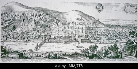 . Inglese: Foto di Heidelberg da Matthäus Merian nel 1620. Deutsch: Ansicht der Stadt Heidelberg. Erstellt durch Matthäus Merian im Jahr 1620. Das Bild zeigt die Stadt Heidelberg noch vor dem Dreißigjährigem Krieg. . 1620. Matthäus Merian (1620) Heidelbergum1620 Foto Stock