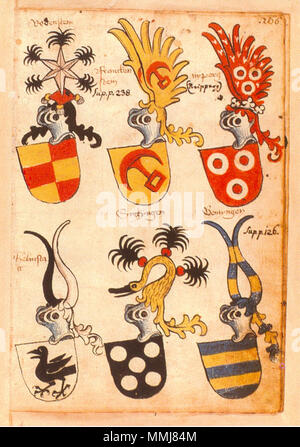 . Ingeram-Codex der ehemaligen Bibliothek Cotta Rodenstein Francken/stein [sup. p. 238. nyperg]/[Neipperg] Helmsta/tt Syckyngen Gemyngen/[Sup. p. 126.] . 1459. Hans Ingeram e una cosiddetta Exempla-master Codex Ingeram 266 Foto Stock