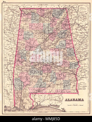 . "Alabama', mostra dei confini della contea . 1876. George Woolworth Colton (1827-1901) Descrizione American cartografo Data di nascita e morte 1827 1901 competente controllo : Q41103846 1876 Mappa di Alabama contee Foto Stock