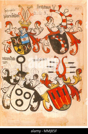 . Ingeram-Codex der ehemaligen Bibliothek Cotta fol 55 v höhenfelder/[Hohenfelder] stethhamer vatershai/mer murhaimer . 1459. Hans Ingeram e una cosiddetta Exempla-master Codex Ingeram 114 Foto Stock