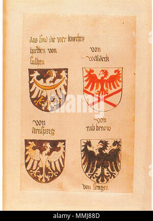 . Ingeram-Codex der ehemaligen Bibliothek Cotta das sind die vier knechte hirtden von/sulhen von/waldeck von/arnsperg von/rabbenow/von sengen . 1459. Hans Ingeram e una cosiddetta Exempla-master Codex Ingeram 060 Foto Stock