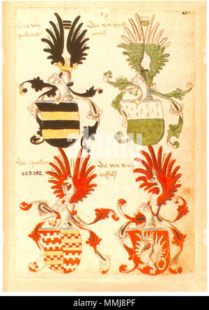 . Inglese: Ingeram-Codex der ehemaligen Bibliothek Cotta colorante von/colorante pallantt von wyck/enrod Die quaden/[223. 242.] Die von trach/enffelß . 1459. Hans Ingeram e una cosiddetta Exempla-master Codex Ingeram 218 Foto Stock