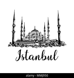 Disegnato a mano stile sketch Sultan Ahmed Mosque isolati su sfondo bianco. Illustrazione Vettoriale. Illustrazione Vettoriale