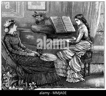 Incisione di una giovane donna di riproduzione di un pianoforte. Da un'incisione originale in La ragazza del proprio magazzino carta 1883. Foto Stock