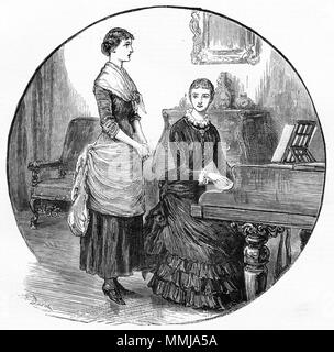 Incisione di una giovane donna di riproduzione di un pianoforte. Da un'incisione originale in La ragazza del proprio magazzino carta 1883. Foto Stock