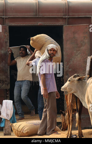 Lavoratori a Piparaya stazione ferroviaria, India Foto Stock