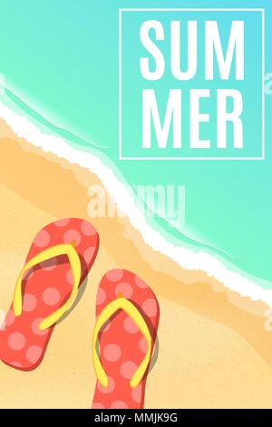 Estate poster stagionali. Beach flip flop. Riva del mare. Cartoon stile piatto. Stagione balneare. Illustrazione Vettoriale. EPS 10 Illustrazione Vettoriale