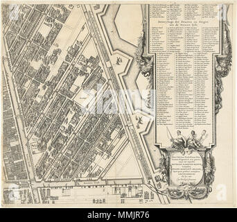 . Nederlands: Grote plattegrond van de stad Amsterdam uit 1625. Linksboven een gezicht op de stad en rechtsboven een kaart van de omgeving. Rechts een lijst met de namen van Straten aan de Oude en de Nieuwe stadszijde. De plattegrond è samengesteld uit negen platina, waarvan twee ontbreken. Dit è het blad middenrechts met de Noorderkerk en de Jordaan in aanbouw. Plattegrond van Amsterdam (middenblad), 1625. 1625. Balthasar Florisz. van Berckenrode (circa 1591-1645) nomi alternativi Floris Balthasar Berkenrode, Balthasar Floirsz., Floris Balteser, Balthazar Florentii Dutc Descrizione Foto Stock