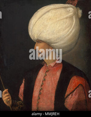 . Inglese: Suleiman io (Ottoman turco: سليمان اوّل) era il decimo e lungo-sultano regnante dell'Impero Ottomano, dal 1520 fino alla sua morte nel 1566. Egli è conosciuto in Occidente come il sultano Solimano il Magnifico e in Oriente, come il legislatore (turco: Kanuni; arabo: القانونى‎, al-Qānūnī), per la sua completa ricostruzione del Ottoman sistema giuridico. Suleiman divenne un prominente monarca del XVI secolo in Europa, presiede l'apice dell'Impero Ottomano di militari, di potere economico e politico. Suleiman personalmente ottomano led eserciti per conquistare le roccaforti cristiane di Belgrado, Rodi, e la maggior parte di o Foto Stock