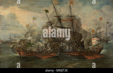 Español: Combate naval y turcos saltando al abordaje Inglese: una battaglia navale di scena tra gli spagnoli e i Turchi. Primera mitad del siglo XVII. Combate naval, por Juan de la Corte Foto Stock