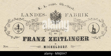 . Deutsch: Briefkopf der K. k. conc. Ob.-Oest. Landes-Fabrik des Franz Zeitlinger in Micheldorf . dopo il 1853. Drucksorte sconosciuto Franz Zeitlinger dettaglio Foto Stock