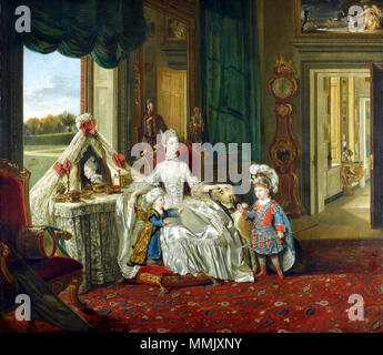 Inglese: Queen Charlotte con i suoi due figli maggiori . 1765. Charlott buckingham house1765 Foto Stock