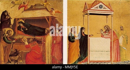 . Inglese: Giotto. Natività (Metmuseum, N-Y) e la presentazione (Gardner Museum. Boston). c.1320-25 . tra 1320 e 1325. Giotto di Bondone (-1337) nomi alternativi descrizione Giotto pittore italiano, architetto, scultore e capraio Data di nascita e morte 1267 / 1276 8 gennaio 1337 Luogo di nascita e morte di Colle di Vespignano, parte di Vicchio Toscana Firenze sede di lavoro Firenze, Padova, Roma, Napoli, Assisi competente controllo : Q7814 VIAF:?ISNI 27073355:?0000 0001 2125 1587 ULAN:?500010766 LCCN:?n81071909 NLA:?35126164 WorldCat Giotto. Natività (Metmuseum, N-Y) e presentati Foto Stock