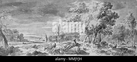 . Français : Paysage avec l'enfant prodigue gardant les pourceaux . Data sconosciuta. Adriaen van der cavo (1630/1631-1705) nomi alternativi Adriaen van der Kabel, Adrian van der Kabel, Adrien van der Kabel, Arie van der Kabel, Ary van der Kabel, Adriaen van der Tou, A. van der Touw, Adriaen Vandercable, Adriaen Vandrecable, Geestigheid, descrizione Geestigheit pittore olandese, disegnatore e incisore Data di nascita e morte 1630 o 1631 15 gennaio 1705 Luogo di nascita e morte Rijswijk Lyon periodo di lavoro tra il 1648 e il 1705 la posizione di lavoro dell'Aia (1644-1654), Lyon (ca. 1655-1658), Roma ( Foto Stock