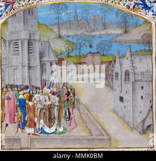 . Inglese: Dettaglio di una miniatura del matrimonio tra Edward II e Isabella figlia di Filippo IV di Francia: Jean De Wavrin, Recueil des chroniques d'Engleterre, vol. 1, Paesi Bassi (Bruges). . Circa 1475. 86 BL Wavrin Royal 15 E. iv, f. 295v Foto Stock