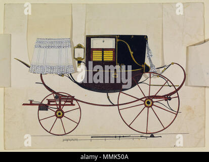 . Entwurf einer Landaulette (Halblandauer) mit aufklappbaren Teilen zur simulazione verschiedener Ausstattungen. Aquarellierte Tuschefederzeichnung von Konrad Krug, Bamberg 1822 (Staatsbibliothek Bamberg, VIII J 4/2). . 1822. Konrad Krug Entwurf einer Landaulette Bamberg 1822 Foto Stock