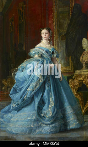 . Español: Retrato de la Infanta Isabel de Borbón y Borbón (1851-1931), que fue hija de la Reina Isabel II de España. La figura se presenta con el encanto de su edad, vistiendo quizá sus primeras galas de mujer, en actitud unà naturale delicada y. Vemos a la retratada llevando onu vestido de gala color azul turquesa adornado con encajes, siguiendo la moda del Segundo Imperio francés, caracterizada por el contraste entre la cintura estrecha y la amplitud de la falda, con las mangas cortas y generoso escote que descubre los hombros. Las joyas con que se Figlio adorna perlas en el broche, il collare de t