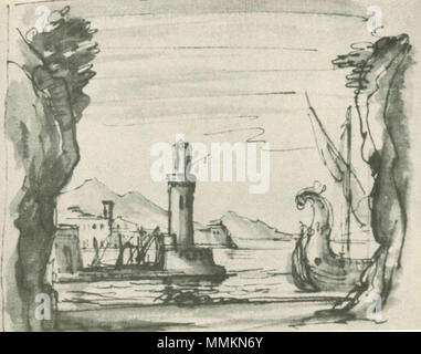 . Inglese: scenografia di Filippo Juvarra (1678-1736) per Ifigenia in Aulide, atto I (?) boccole con una vista del porto di Aulis e ancorato battleshis, e una trireme vicino la riva (titolo originale) eventualmente per l'opera di Domenico Scarlatti Ifigenia in Aulide, dramma per musica su libretto di Carlo Sigismondo Capece (eseguita per la prima volta il 11 gennaio 1713 a Roma) . 1713. Filippo Juvarra (1678-1736) Ifigenia in Aulide - Atto I (poss. di Domenico Scarlatti) stadio design by Filippo Juvarra Foto Stock