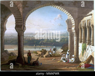 . Inglese: Questa piastra mostra una vista in lontananza Aurangabad, che era il centro del governo locale e il quartier generale per le truppe di Nizam di Hyderabad membro anche dopo che si è mosso da lì nel 1811. Grindlay spiega: "L'area vista dal palazzo in rovina è stata chiamata Begumpura, o la Lady del trimestre ed è stato chiamato dopo Aurungzebe figlia, che vi fu sepolto. La cupola e i minareti della sua tomba sono al centro destra.' . 1830. Commissario di bordo, William 64 Aurangzebs palace Foto Stock