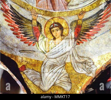 . Inglese: affresco dell'arcangelo Uriel e tetramorph (non può essere visto in questa immagine) alla Santa Vergine Maria la Chiesa Copta Ortodossa (la chiesa pensile) del Cairo in Egitto. Русский: АРХАНГЕЛ УРИИЛ и ТЕТРАМОРФ, XIII в. Храм Эль-Моаллака, Каир, Египет. Роспись внутреннего объема напрестольной сени в алтаре Иоанна Предтечи. . Il XIII secolo. Anonimo Immagine di Uriel l'Arcangelo, il Cairo Foto Stock