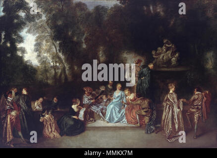 . Inglese: il divertimento all'aria aperta, dipinto da Antoine Watteau, attorno al 1720 Azienda in aperta *olio su tela *111 x 163 cm *ca. 1718-1720 Antoine Watteau, il divertimento all'aria aperta, attorno al 1720 Foto Stock