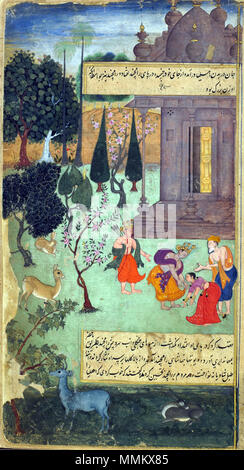 . Inglese: "Folio dal Ramayana di Valmiki (la maggiore libertà di Ramayana), Vol. 1, folio 50; recto: Ahalya cade a Rama i piedi in gratitudine per la sua liberazione da Guatama maledizione dell' . tra 1597 e 1605. Govardhan Ahalya archi a Rama Foto Stock