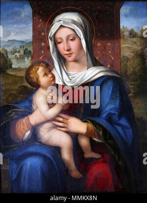 . Inglese: Madonna e Bambino Boccaccio Boccaccino. Olio su tela (trasferiti dal pannello). 69.5x53 cm Italia. 1518-1520 . 1518. Boccaccio Boccaccino (1460-1525) Descrizione pittore italiano Data di nascita e morte 1460 1525 Luogo di nascita e morte Ferrara Cremona sede di lavoro Venezia (1505); Ferrara (1498 - 1499); Cremona (1501 - 1505); Cremona (1506 - 1525) Autorità di controllo : Q721349 VIAF:?57416692 ULAN:?500012359 LCCN:?nb2014023697 WGA:?BOCCACCINO, Boccaccio GND:?119065576 WorldCat Boccaccino Madonna e Bambino ca 1518 Foto Stock