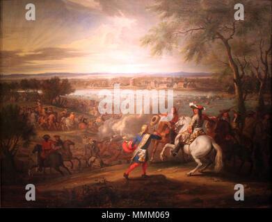 Inglese: Re di Francia Luigi XIV, attraversa il Reno a Lobith il 12 giugno 1672 Deutsch: Ludwig XIV., König von Frankreich, überquert den Rhein bei Lobith am 12.06.1672 Français : Luigi XIV, roi de France, franchit le Rhin à Lobith le 12 juin 1672 . 1680. 1680 van der Meulen Louis XIV bei Lobith anagoria Foto Stock