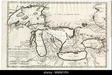 . Deutsch: Karte der Großen visto. Beinhaltet auch die Phantominseln Phélipeaux und Pontchartrain. Inglese: Mappa della regione dei Grandi Laghi. Mostra anche le isole fantasma Phélipeaux e Pontchartrain. Français : Carte des Lacs du Canada. . 26 febbraio 2013, 06:51:23. Jacques-Nicolas Bellin (1703-1772) nomi alternativi Jacques Nicolas Sieur Bellin; Jacques Nicolas Bellin; Nicolas Bellin Descrizione cartografo francese, Encyclopédistes, geografo e idrografo Data di nascita e morte 1703 21 marzo 1772 Luogo di nascita e morte di Parigi Versailles controllo autorità : Q607846 VIAF:?ISNI 99885687:?00 Foto Stock