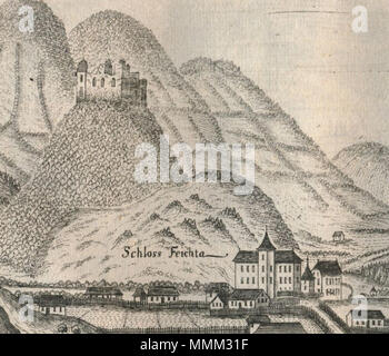 . Deutsch: Burgruine Leonstein und Talschloss Feichta. Ausschnitt aus einer Ortsansicht in der topographia" Austriae superioris modernae . 1674. Georg Matthäus Vischer (1628-1696) nomi alternativi Georg Mathias Vischer Descrizione cartografo austriaco e incisore, Data di nascita e morte 22 Aprile 1628 13 dicembre 1696 Luogo di nascita e morte di Wenns (Tirolo, Alto Adige) Autorità di Linz controllo : Q86223 VIAF:?2771891 ISNI:?0000 0000 6659 9395 ULAN:?500091493 NLA:?35852058 GND:?118768646 Leonstein Burgruine und Talschloss Feichta Foto Stock