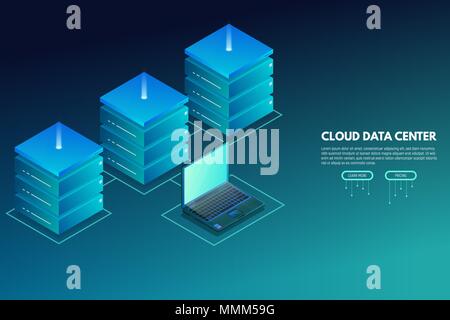 Centro dati banner isometrica con laptop e server Illustrazione Vettoriale