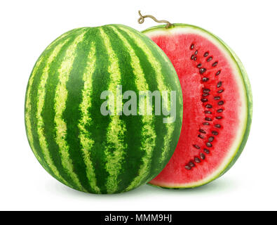 Un cocomero tagliato a metà isolato su sfondo bianco con tracciato di ritaglio Foto Stock