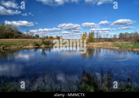 Una bella giornata autunnale presso un piccolo viale alberato paese stagno in Ohio con un bel cielo blu con il bianco puffy nuvole che riflette nell'acqua. Foto Stock