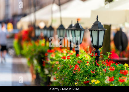 Una fila di lampade di strada in una città circondata da bellissimi fiori Foto Stock