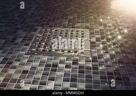 3D rendering di gocce di acqua su metallo grondaia in serata sole Foto Stock
