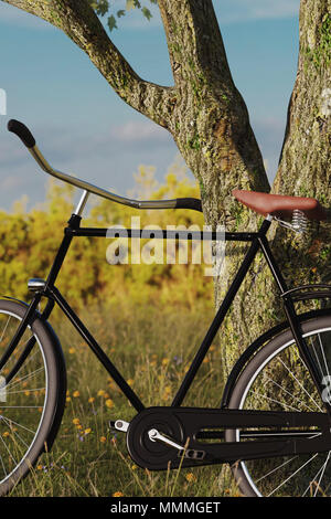 3D rendering di appoggiò bicicletta nero a tree nel prato di gras paesaggio Foto Stock