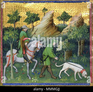 Deer hunting scene. Miniatura di Le Livre de Chasse de Gaston PHÉBUS (lavoro originale scritto nel 1387-89), 1405-1410, Musée national du Moyen Âge, Musée de Cluny, Parigi Foto Stock