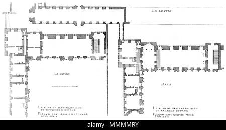 . Inglese: incisione da Le premier volume des plus eccellenti Bastiments de France da Jacques I Androuet du Cerceau, mostrando il piano del primo e del secondo piani della parte occidentale del Palazzo del Louvre, considerata nuova costruzione al tempo . 1576. Jacques mi Androuet du Cerceau (1510-1585) nomi alternativi Jacques Androuet; Jacques Androuet du Cerceau l'Ancien; Jacques Androuet Du Cerceau; Jacques Androuet DuCerceau; Jacques Androuet Ducerceau Descrizione architetto francese, rame incisore e disegnatore padre di Baptiste Androuet du Cerceau padre di Jacques II Androuet du Ce Foto Stock