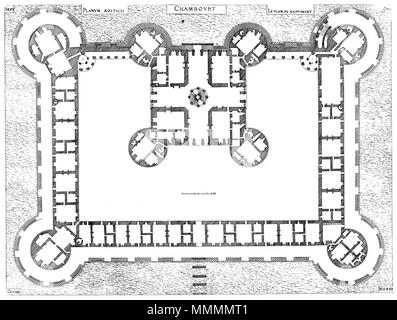 . Inglese: incisione da Le premier volume des plus eccellenti Bastiments de France da Jacques I Androuet du Cerceau, mostrando il piano del Château de Chambord . 1576. Bastiments v1 (Gregg 1972 p30) - piano di Chambord Foto Stock