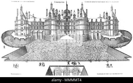 . Inglese: incisione da Le premier volume des plus eccellenti Bastiments de France da Jacques I Androuet du Cerceau, che mostra la facciata nord-ovest del Château de Chambord . 1576. Bastiments v1 (Gregg 1972 p32) - Chambord facciata nord-ovest Foto Stock